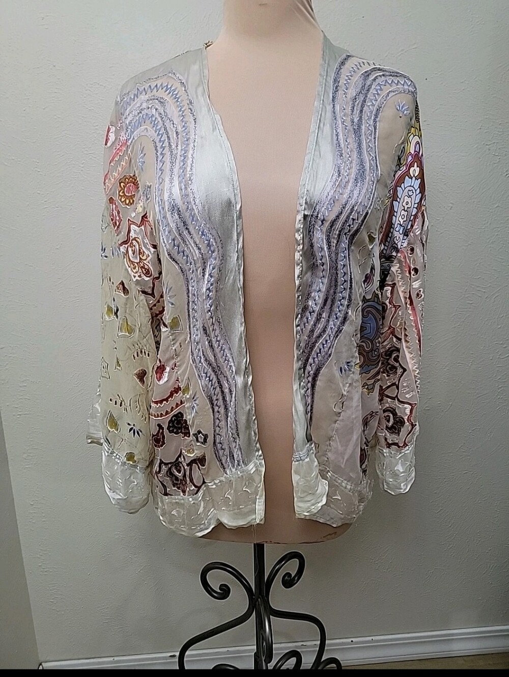 Anthropoogie Floreat Silk Sheer Burnt Out Open Cardigan Paisley Fairy Boho